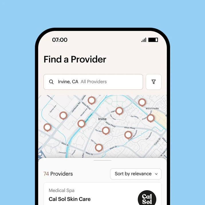 Screenshot of a phone showing health care providers on a map