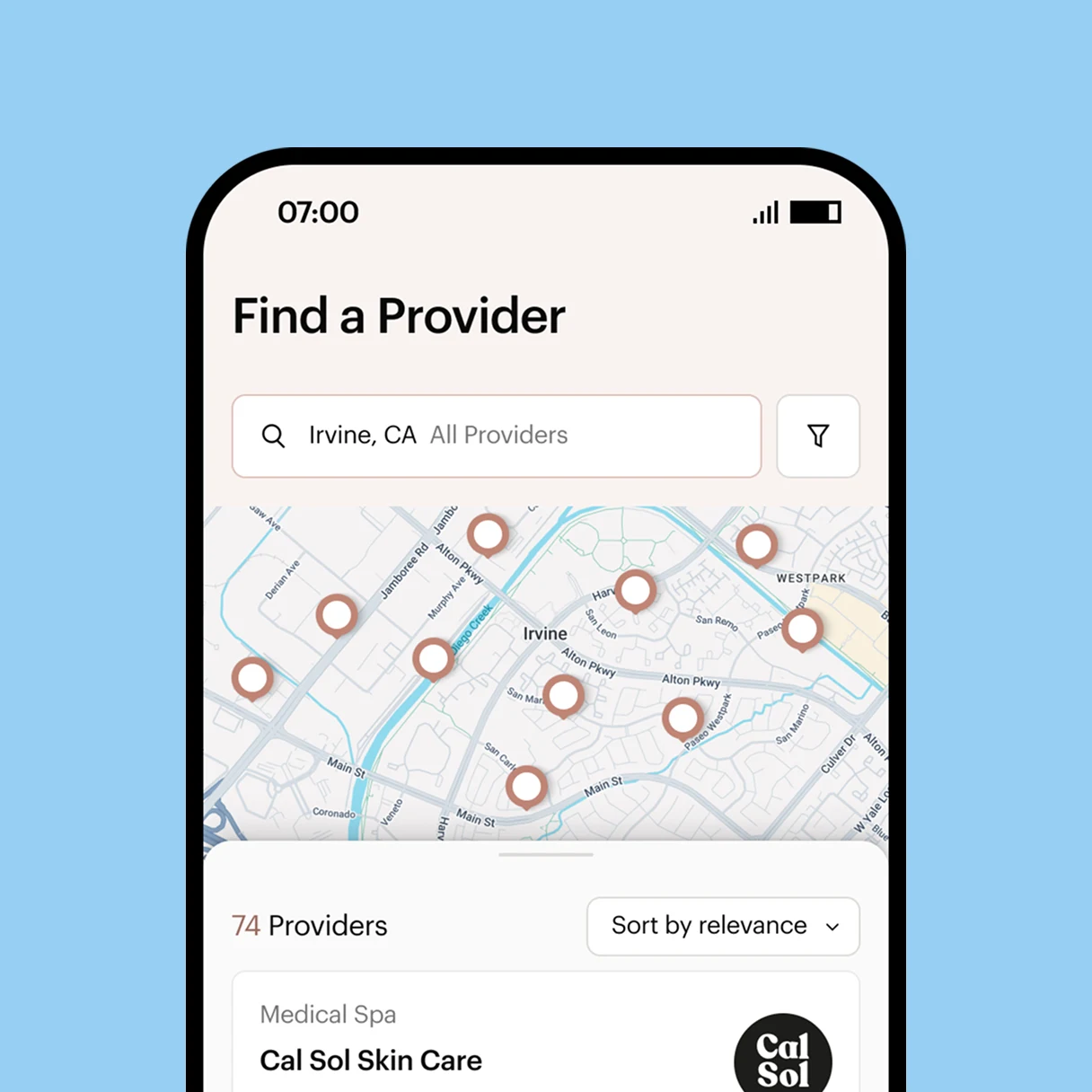 Screenshot of a phone showing health care providers on a map